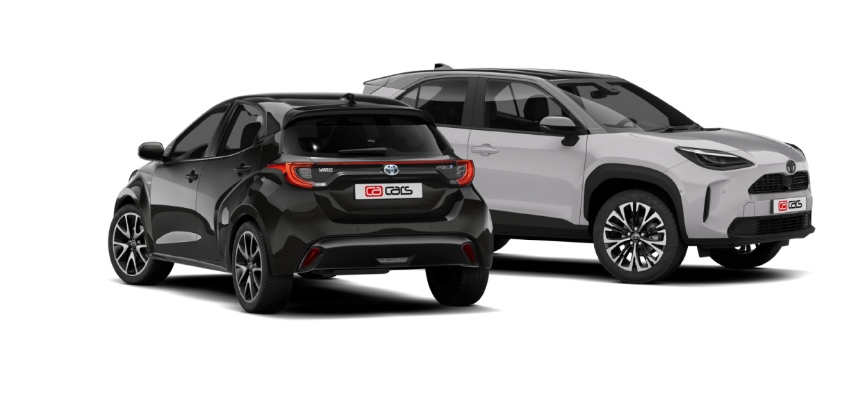 Black Toyota Yaris beside a grey Toyota Yaris Cross